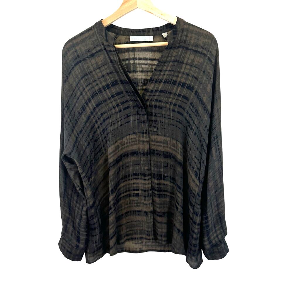 Vince Women 100% Silk Long Sleeve Button Front Brown Striped Blouse XS Oversized